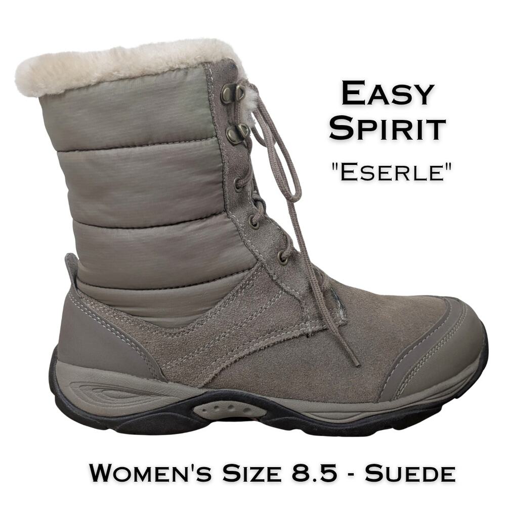 Easy Spirit Eserle Winter Boots 8.5 Taupe Suede Faux Fur Trim Side Zip Lace Up